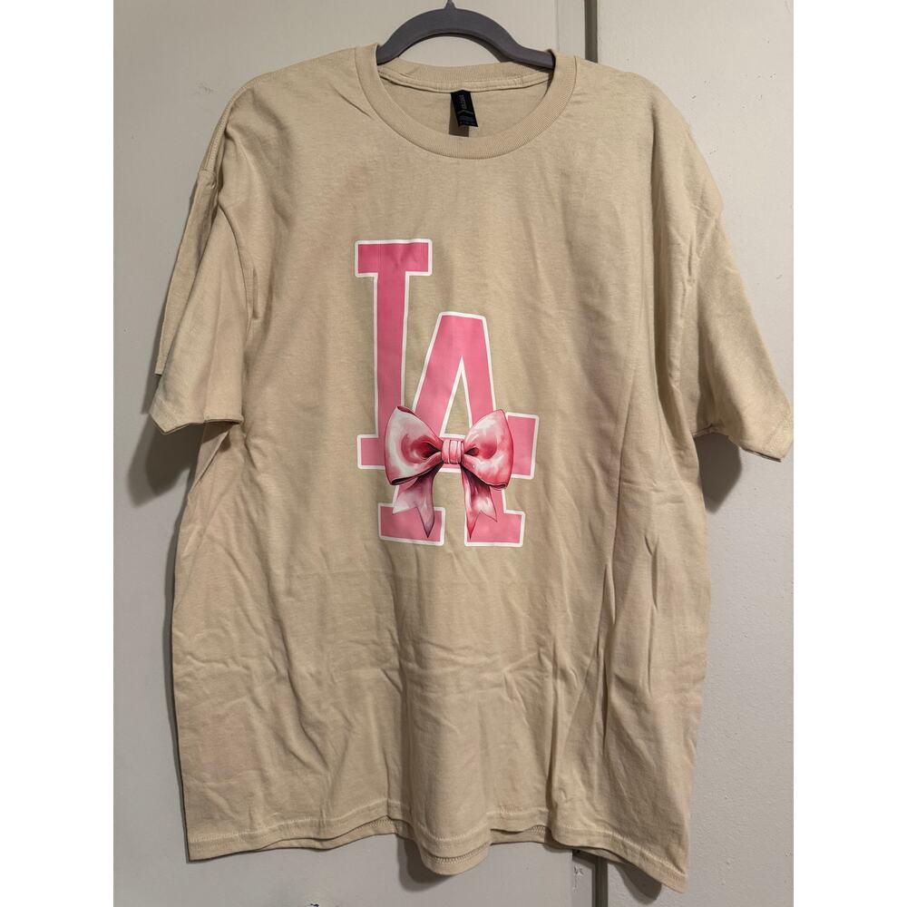 LA Bow Graphic T-Shirt Sand Color Pink Coquette Aesthetic Size Small - Picture 2 of 6